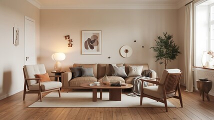 Calm living room interior design, neutral tones, wooden furniture, plants. Use Home decor inspiration