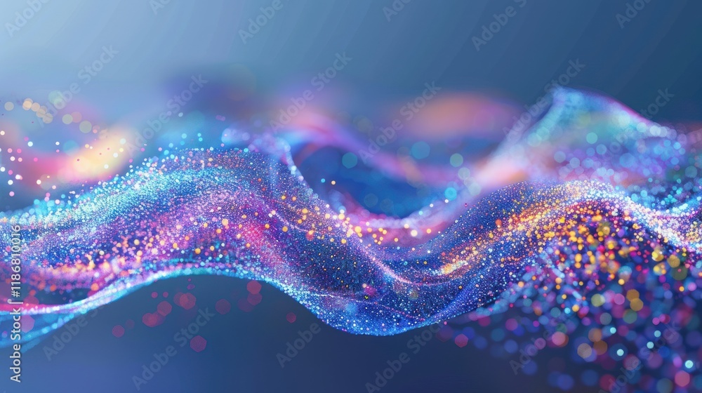 Aufkleber abstract colorful wave of particles, glowing vibrant light and bokeh effect on dark blue background.