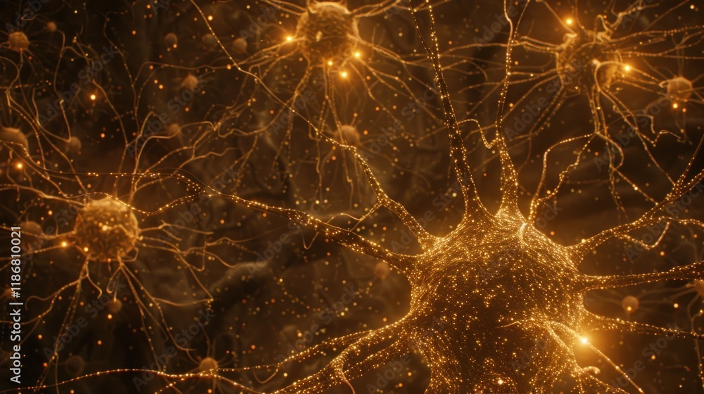 Aufkleber microscopic view of glowing golden neurons interconnected, forming a complex neural network.