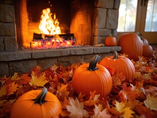 Obraz premium Fireplace with a fire burning in it and a pile of orange pumpkins next to it. The scene is warm and cozy, with the fire providing a sense of comfort and the pumpkins adding a festive touch