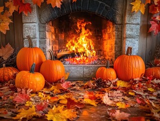 Obraz premium Fireplace with a fire burning in it and a pile of pumpkins and leaves around it. The pumpkins are orange and the leaves are red. The scene is warm and cozy, perfect for the fall season