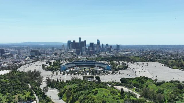 Los Angeles Downtown from Elysian Park Dodgers Stadium Aerial Shot Telephoto R in California USA