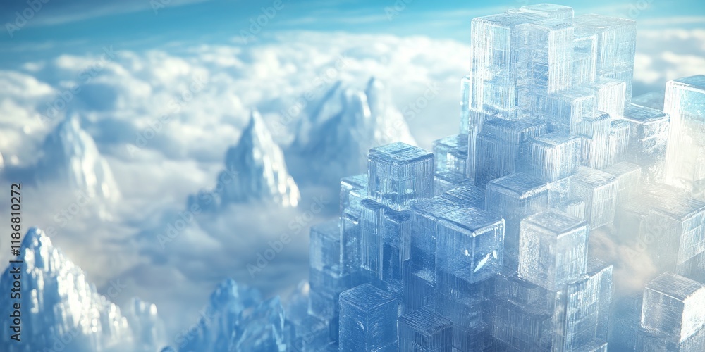 Poster image featuring a tower made entirely of ice cubes, showcasing the transparent beauty and unique str