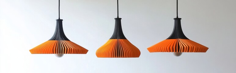 Three pendant lights with fluted surfaces, black metal details, and orange pleated wood shades, Emil Hajek-inspired design on white background.