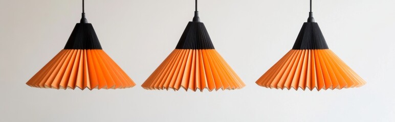 Three pendant lights with fluted surfaces, black metal details, and orange pleated wood shades, Emil Hajek-inspired design on white background.