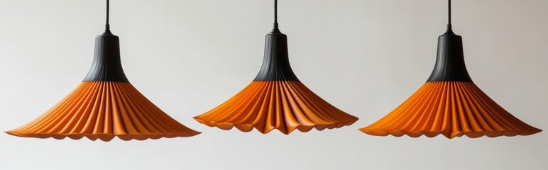 Three pendant lights with fluted surfaces, black metal details, and orange pleated wood shades, Emil Hajek-inspired design on white background.