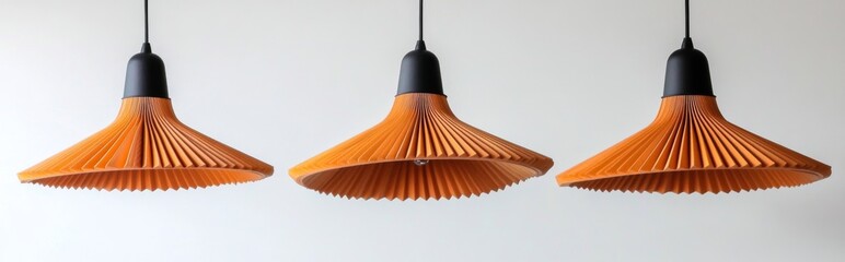 Three pendant lights with fluted surfaces, black metal details, and orange pleated wood shades, Emil Hajek-inspired design on white background.