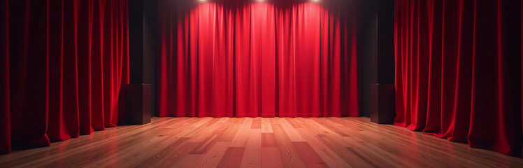 A Wooden Floor Theater With A Red Stage Curtain And Spotlights Uses Ai To Create An Immersive Illumination Experience. 00002