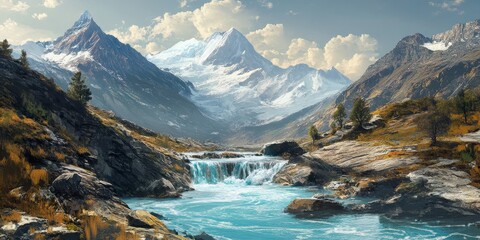 Rugged mountains embrace a vibrant blue water stream, flowing from melted glaciers, showcasing the breathtaking beauty of the rugged mountains and the serene scenery they create.