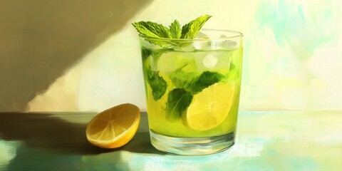 Fototapeta premium Refreshing lemon mojito cocktail featuring mint, a cold drink perfect for summer. Enjoy the invigorating taste of lemon mojito cocktail as a delightful beverage choice for any occasion.
