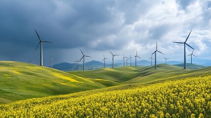 Green Undulating Hills with Wind Turbines Under Dramatic Cloudy Sky : Generative AI