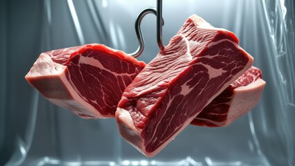 Pieces of raw beef meat on a metal hook on a clear backdrop. The idea of fresh meat
