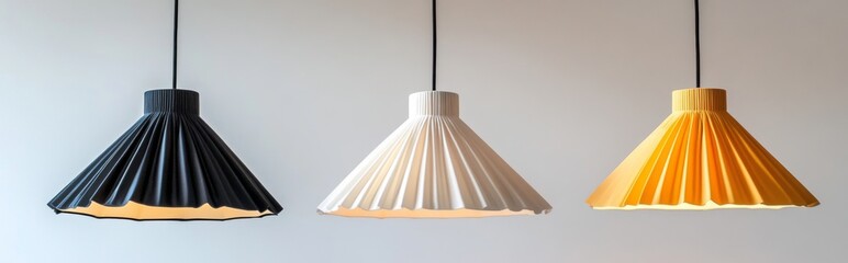 Three pendant lights with pleated lampshades in different colors, Scandinavian-style on white background.