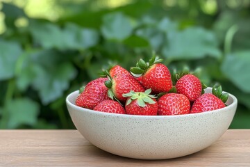 Bowl of Fresh Strawberries: A white ceramic bowl overflows with plump, juicy strawberries, their vibrant red hue contrasting beautifully with the lush green foliage in the background.