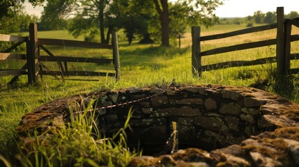A picturesque rural scene with a traditional water well, grass, wooden fencing, and a view of the deep stone-lined shaft with water glimmering below