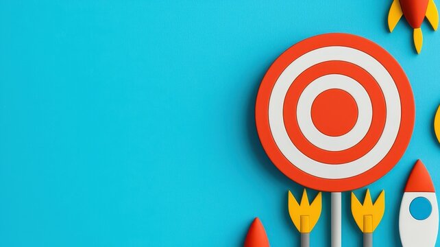 A colorful, playful design featuring a target and rockets against a bright blue background, evoking themes of goals and excitement.