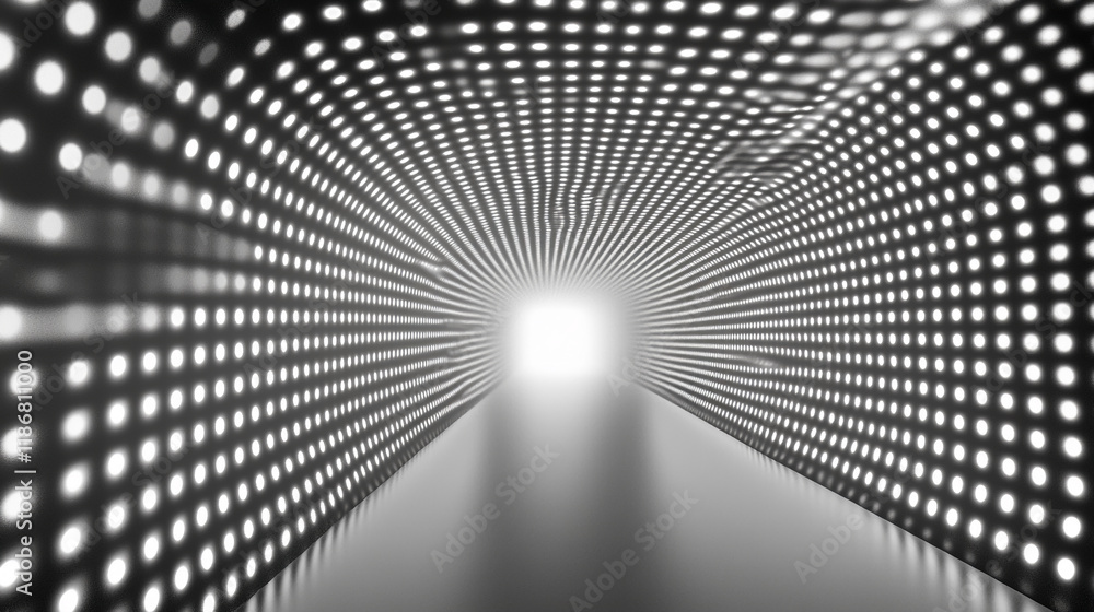 Poster futuristic illuminated tunnel with glowing dots and light at the end