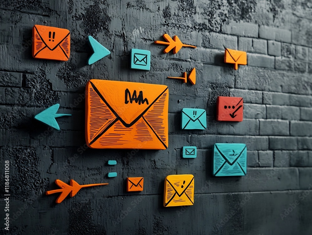 Poster vibrant hand drawn envelope and arrow icons in a futuristic collaborative digital workspace setting 