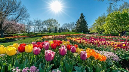 Bright and Colorful Tulip Garden with Vibrant Blooms Under Sunlight