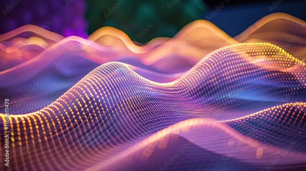 Poster abstract glowing wave background with vibrant colors and particles.