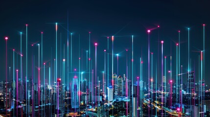 Futuristic cityscape at night with vibrant digital connections.