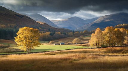 Scenic Rural Autumn Landscape with a Dramatic Sky Over Rolling Hills and Vibrant Trees : Generative AI