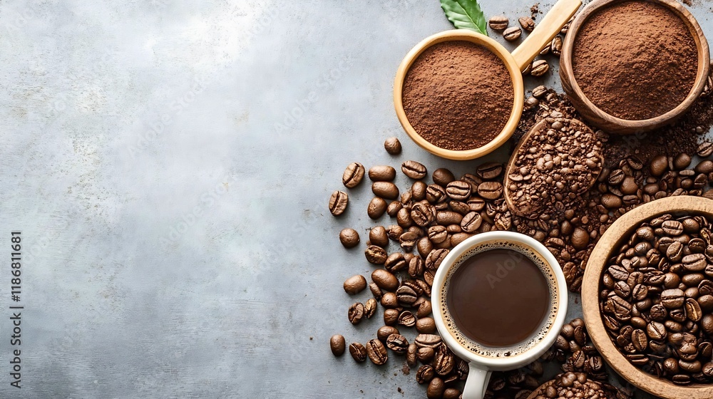 Poster variety of coffee aromas with ground and whole beans on rustic surface : generative ai