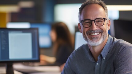 Smiling Professional: A mature man with salt-and-pepper beard and spectacles beams with genuine happiness, radiating warmth and approachability.