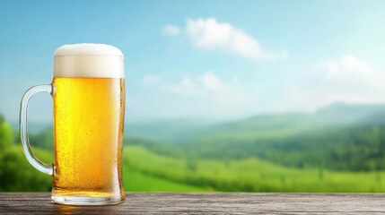 Cold Refreshing Beer in Glass over Scenic Green Landscape