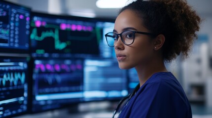Obraz premium Focused Medical Professional Analyzing Data on Multiple Computer Screens