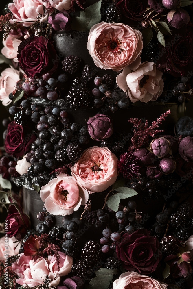 Sticker Cake with a black base and pink flowers on top. The flowers are arranged in a way that they look like they are growing out of the cake. The cake is decorated with blackberries and roses