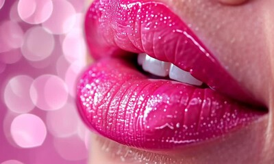 Close-up of glossy pink lips with sparkling texture