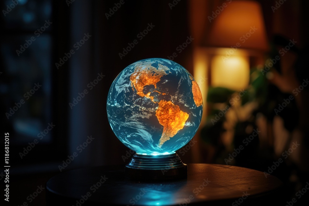 Poster globe with a blue and orange surface sits on a table. the globe is lit up, creating a warm and invit
