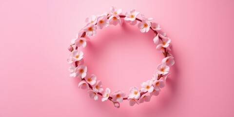 Obraz premium A delicate circle of pale pink blossoms arranged on a soft pink background, creating a romantic and ethereal frame.