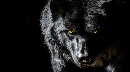 Close-up of a black wolf with glowing eyes in the dark.