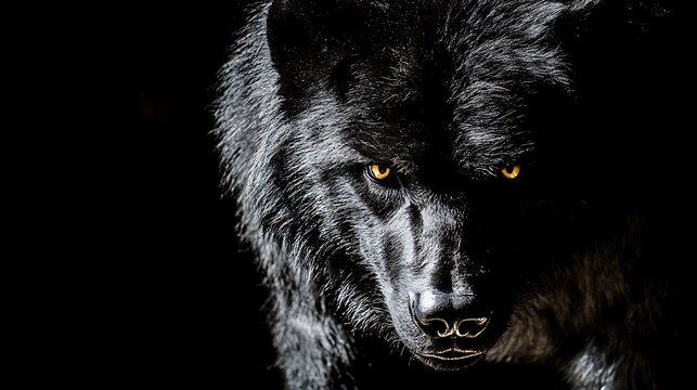 Close-up of a black wolf with glowing eyes in the dark.