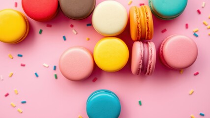Obraz premium A vibrant assortment of colorful macarons with sprinkles on a pink background