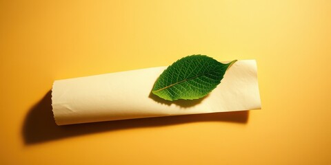 Fototapeta premium A single green leaf rests atop a rolled-up sheet of parchment paper against a backdrop of warm yellow hues.