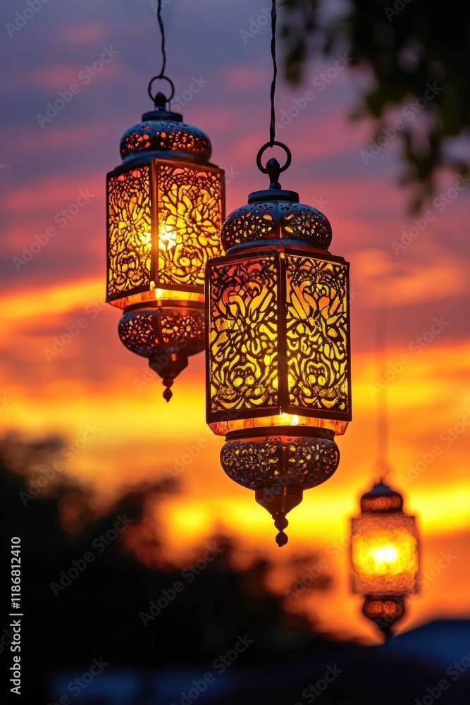 Poster three lanterns hanging from a tree, one of which is lit. the other two are unlit. the scene is set a