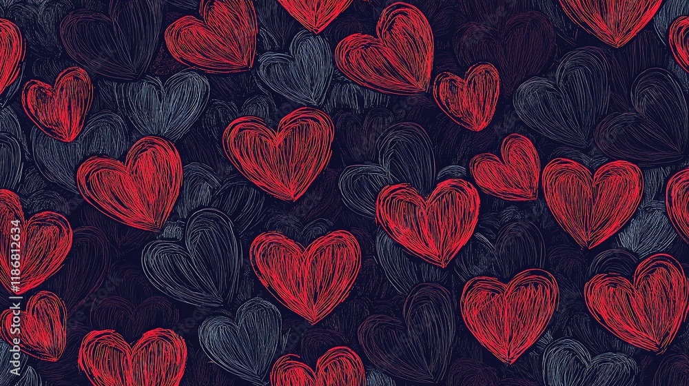 Poster hand-drawn heart patterns in seamless design for creative projects