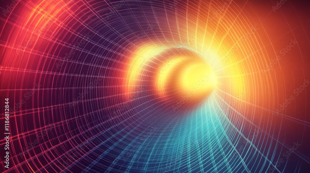 Poster Vibrant glowing tunnel with dynamic neon light grid pattern