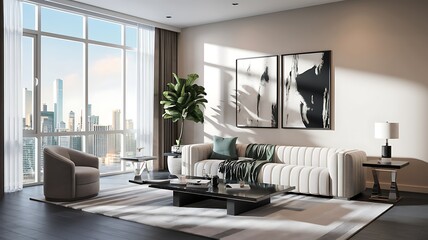 Fototapeta premium Modern apartment living room, city view, sunlight, relaxing atmosphere, interior design
