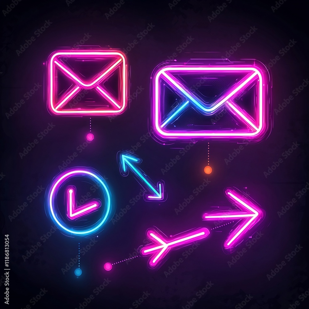 Poster vibrant neon envelope arrow and messaging icons set against a sleek futuristic digital backdrop with