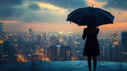 Solitude in the City: A Woman Under an Umbrella Contemplates the Urban Lightscape