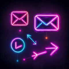 Fototapeta premium Vibrant neon envelope arrow and messaging icons set against a sleek futuristic digital backdrop with a contemporary gradient effect
