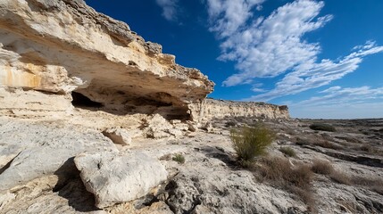 Fototapeta premium Majestic Limestone Rock Formation in Arid Desert under Bright Blue Sky and Wispy Clouds : Generative AI