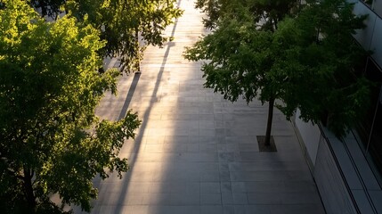 Obraz premium City Park Boulevard with Trees and Golden Sunlight Creating Soothing Shadows : Generative AI