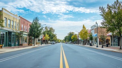 Obraz premium Peaceful Small Town Main Street with Clear Blue Sky and Empty Road : Generative AI
