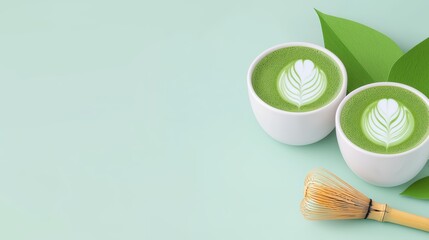 Two Cups of Matcha Tea with Leaf Art and Bamboo Whisk on Green Background