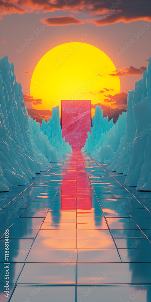Poster Surreal pathway with glowing sun and red geometric structure amidst icy peaks